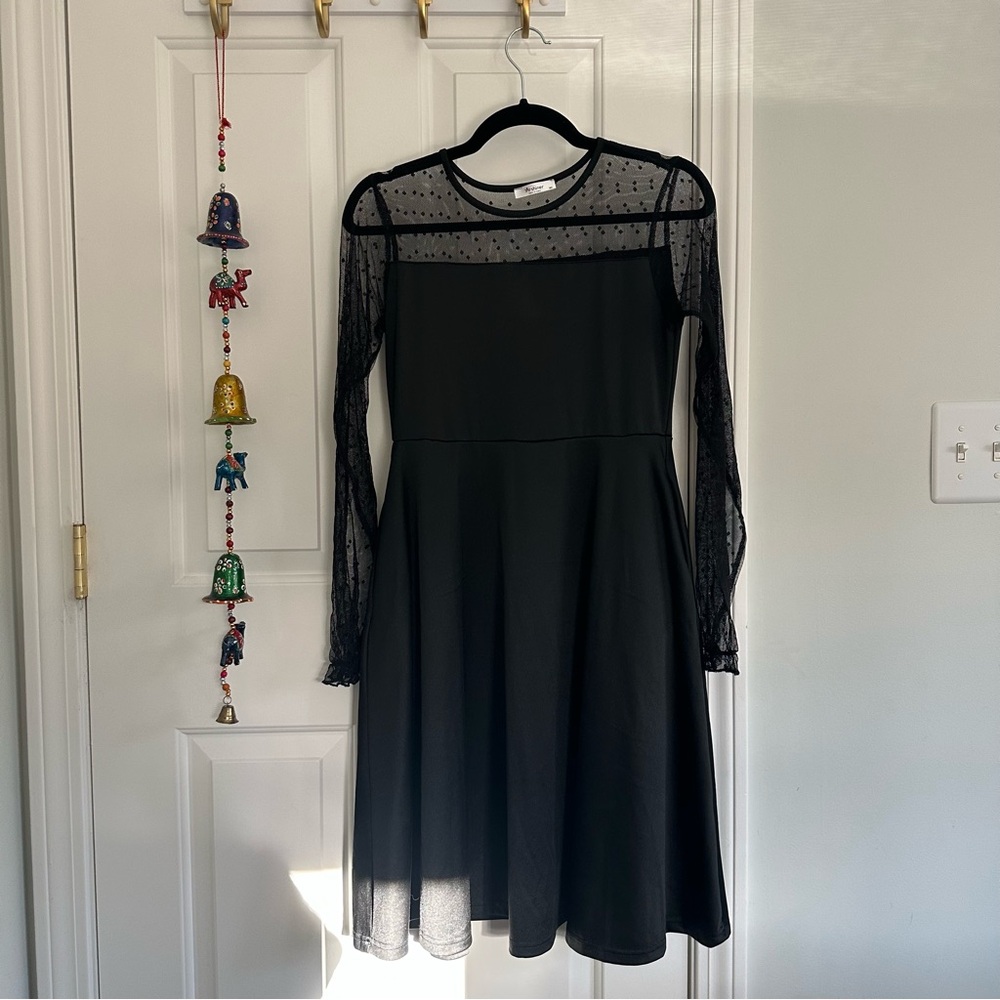 Black Dress with Sheer Polka Dot Long Sleeves, Small